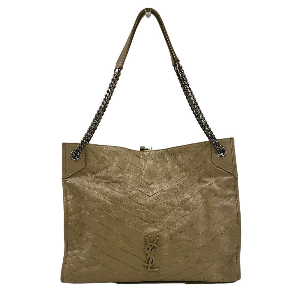 SAINT LAURENT Niki Large YSL Shopper Tote Bag in Crinkled Leather Light Taupe